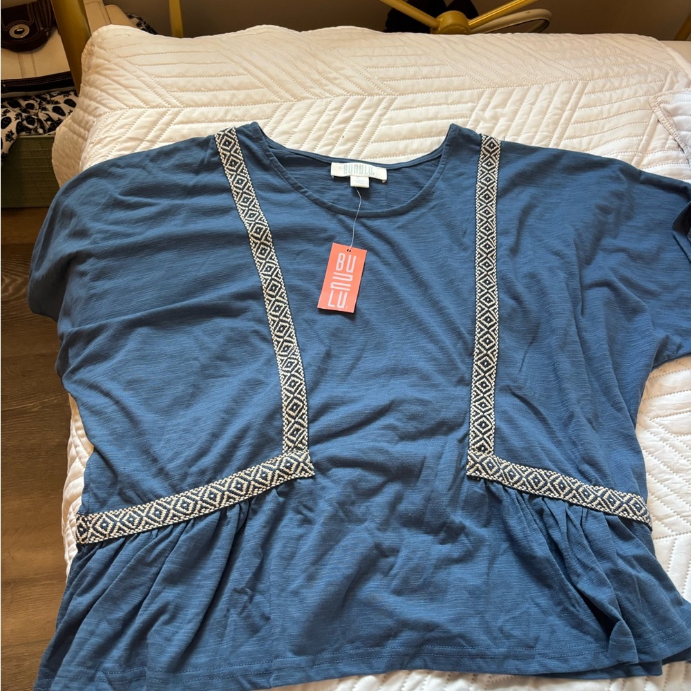 Blue Embroidered Trim Short Sleeve Top